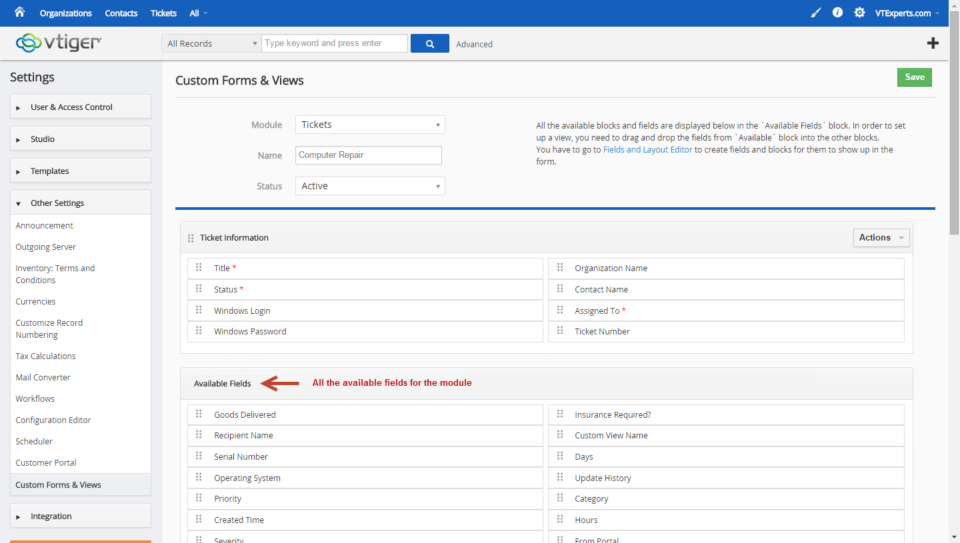 Custom Views/Layouts & Forms - VTiger Experts
