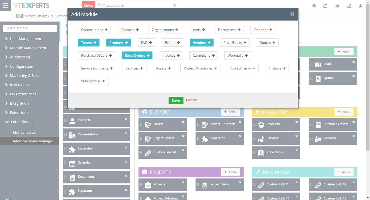 VTiger 7 Menu Manager - Settings- Add Module