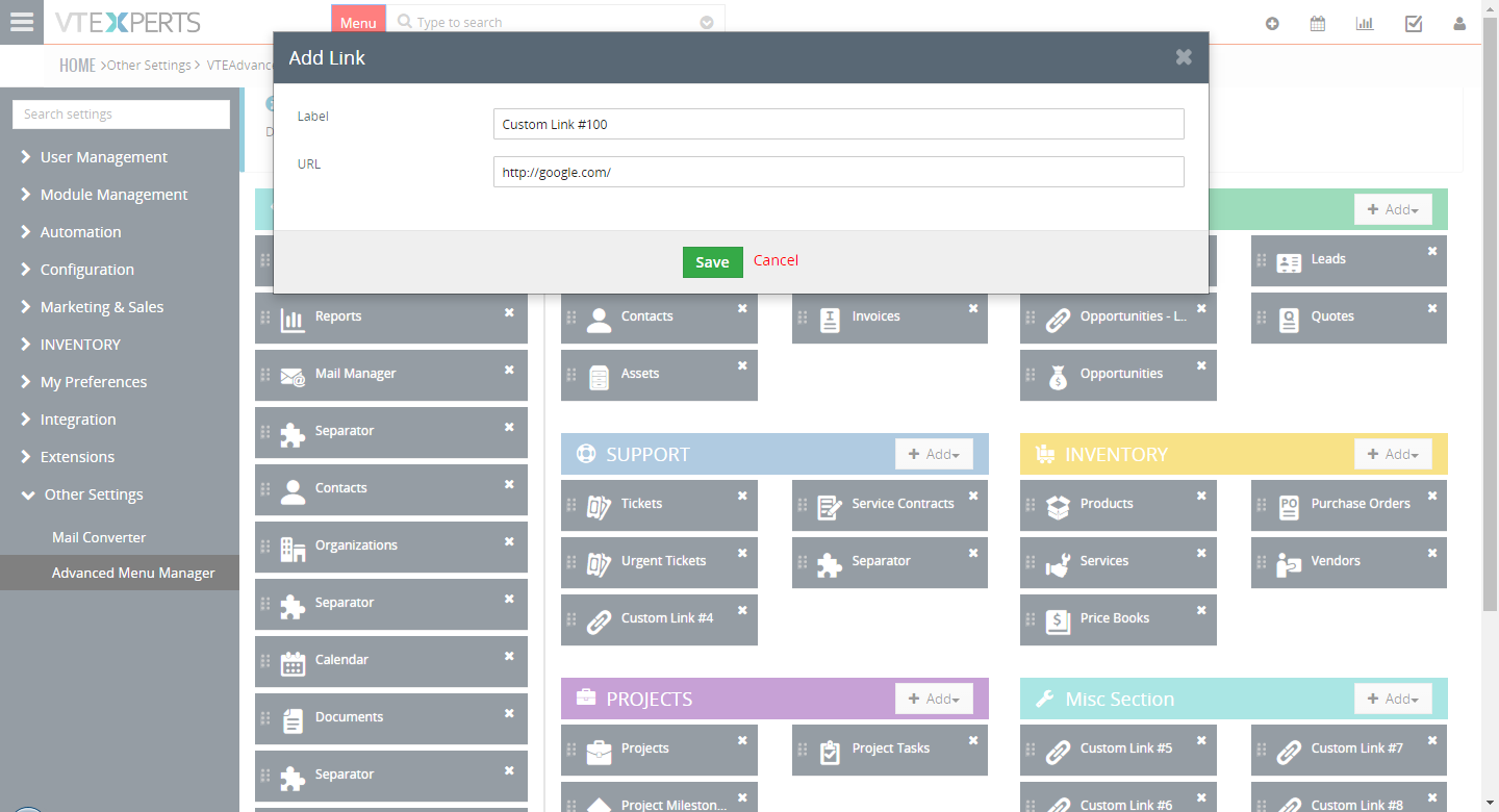 VTiger 7 Menu Manager - Settings- Add custom link