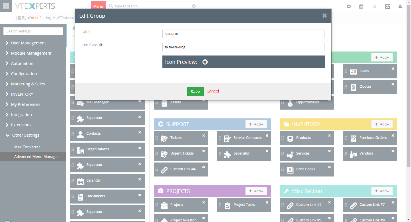 VTiger 7 Menu Manager - Settings- Editing header