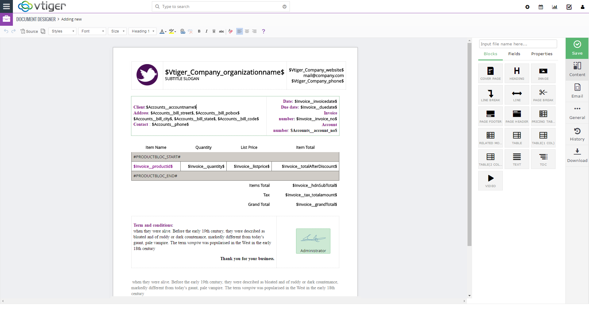 VTiger Document Designer - template1