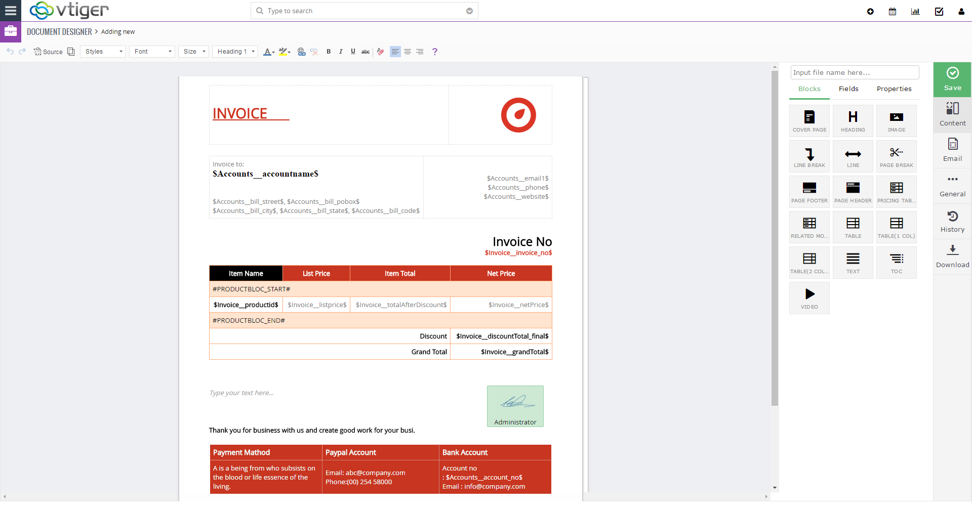 VTiger Document Designer - template2