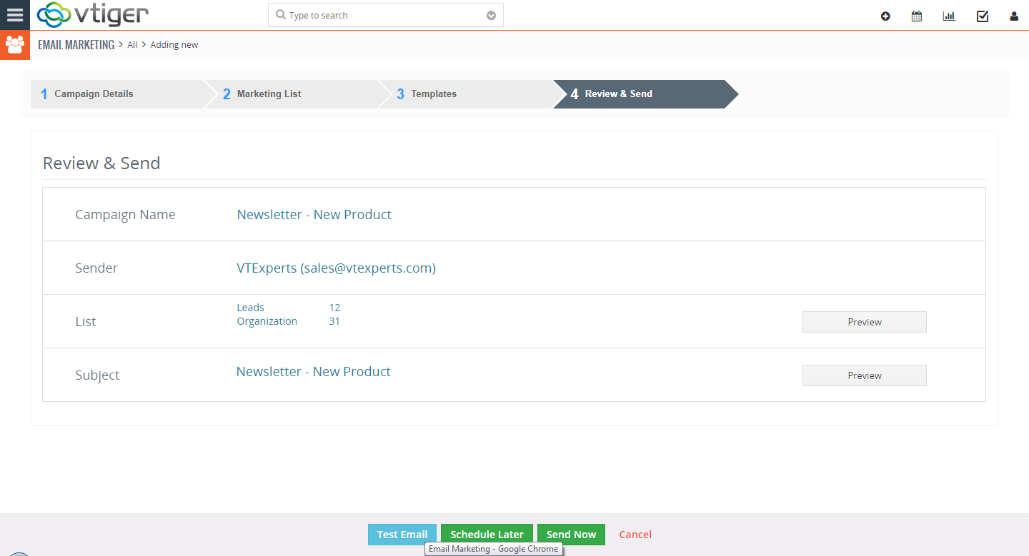 VTiger 7 Marketing Automation + Campaigns Extension - Review and Send