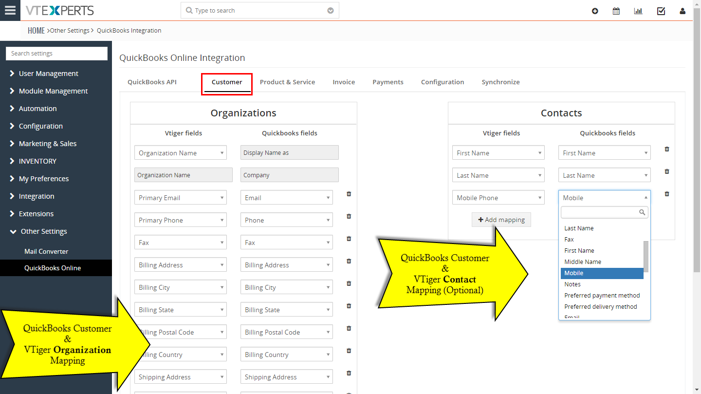 QuickBooks Online Integration for VTiger 7 - Customer Mapping