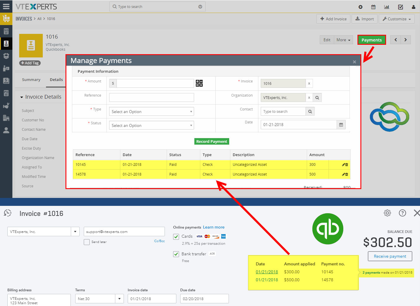 QuickBooks Online Integration for VTiger 7 - Payments