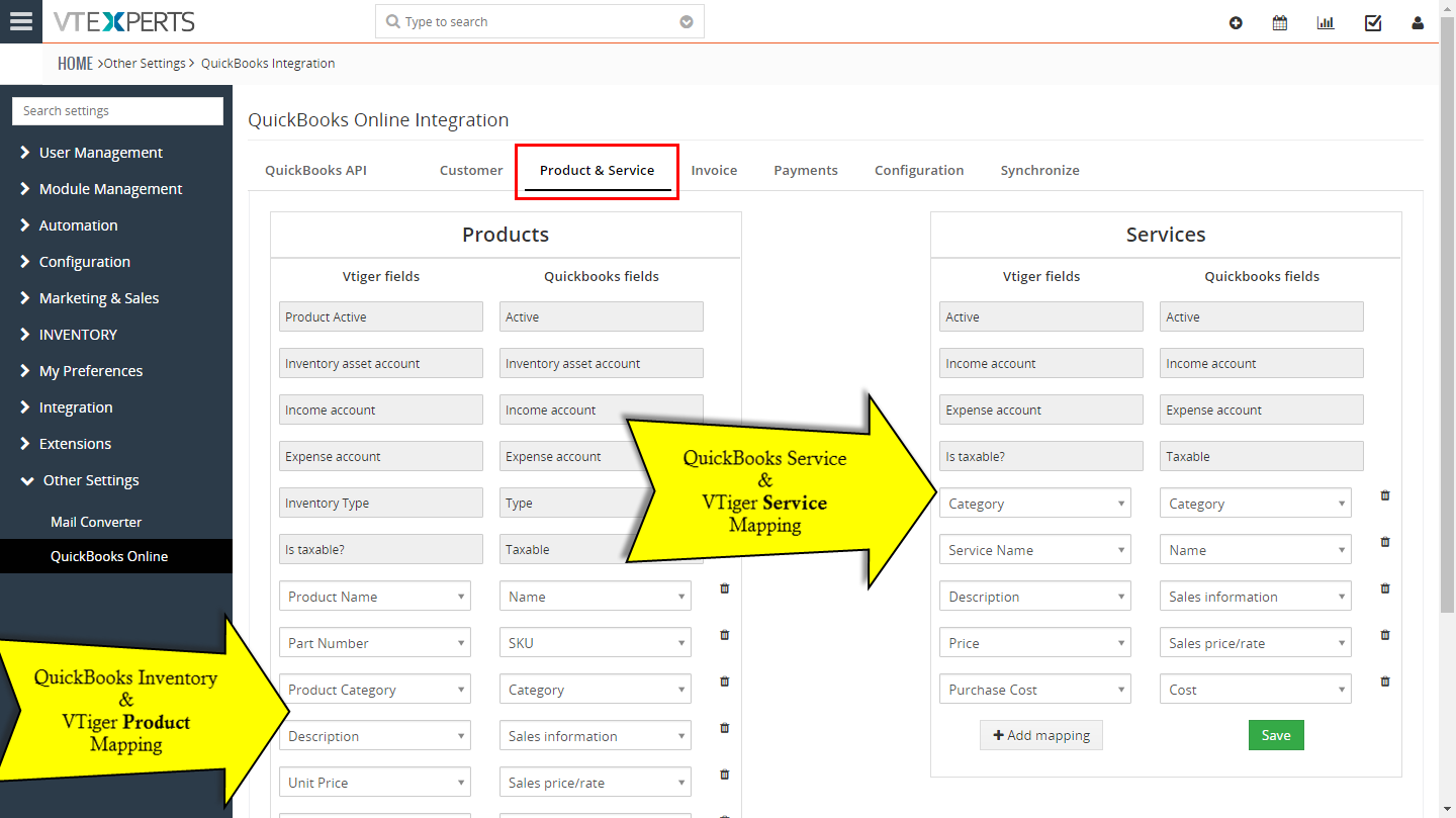 QuickBooks Online Integration for VTiger 7 - Product and Service Mapping