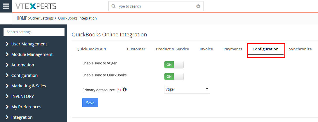 QuickBooks Online Integration for VTiger 7 - config
