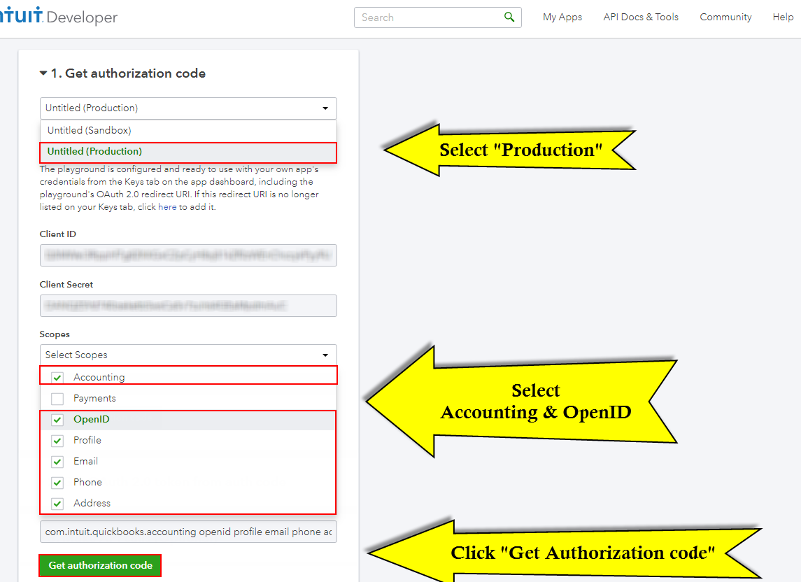 Quickbooks API Configuration - auth code