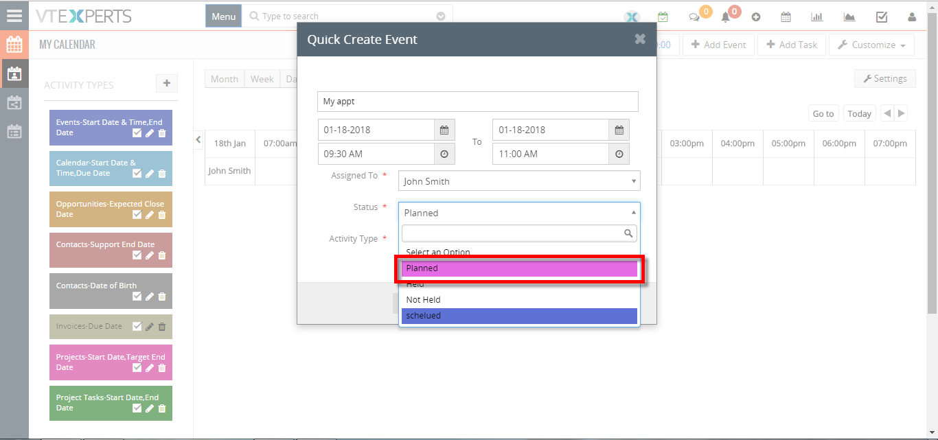 change calendar colors based on Activity Status Type in VTiger 8