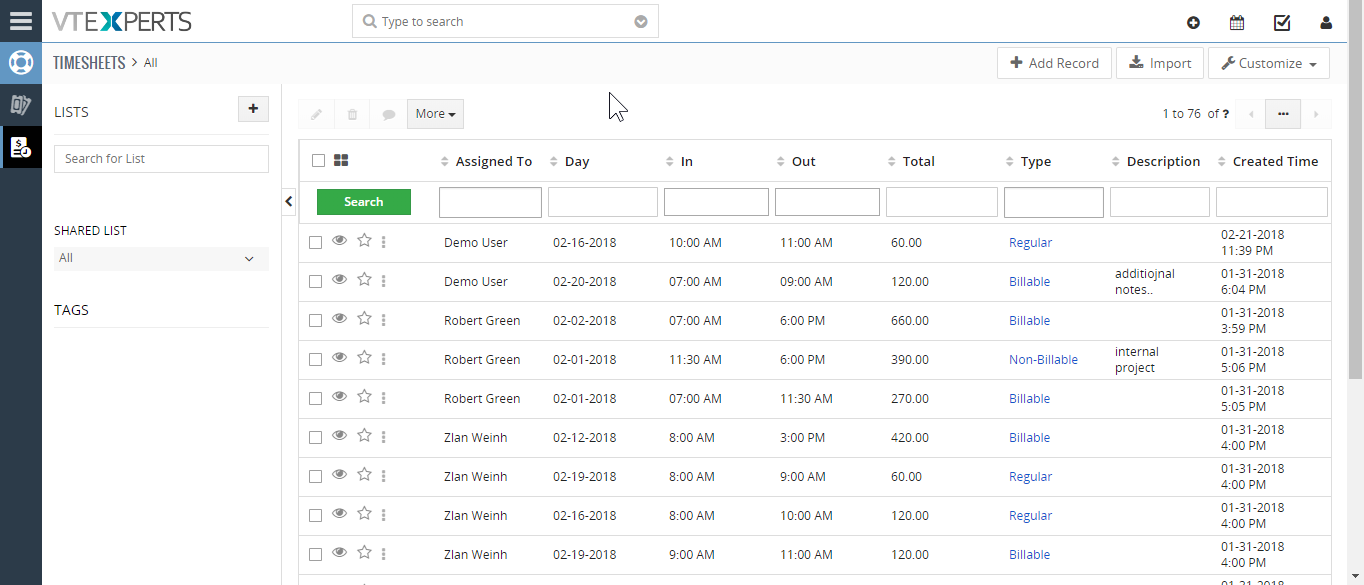 timesheets vtiger experts timesheet times