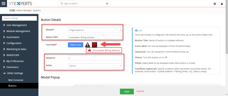 Create Custom Buttons (clickable) In VTiger 7 - VTiger Experts