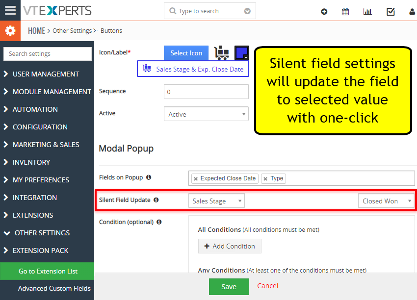 custom buttons for vtiger update field with one click