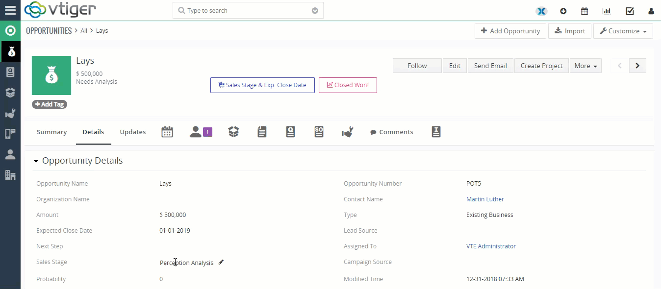 vtiger custom buttons update field with one click