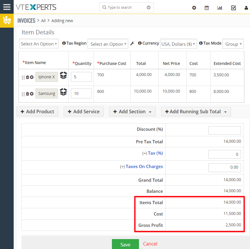 calculate gross profit in vtiger