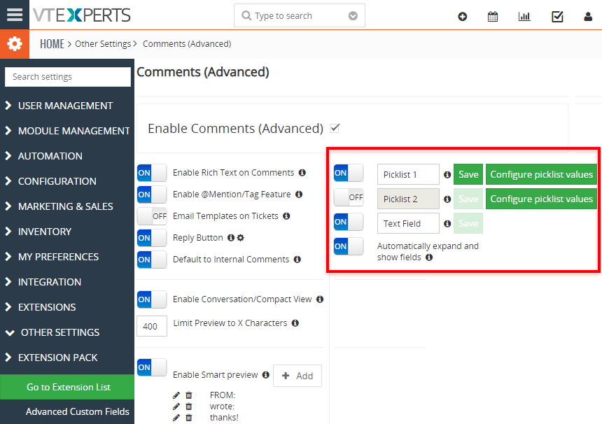 vtiger advanced comments vtexperts picklists text fields settings