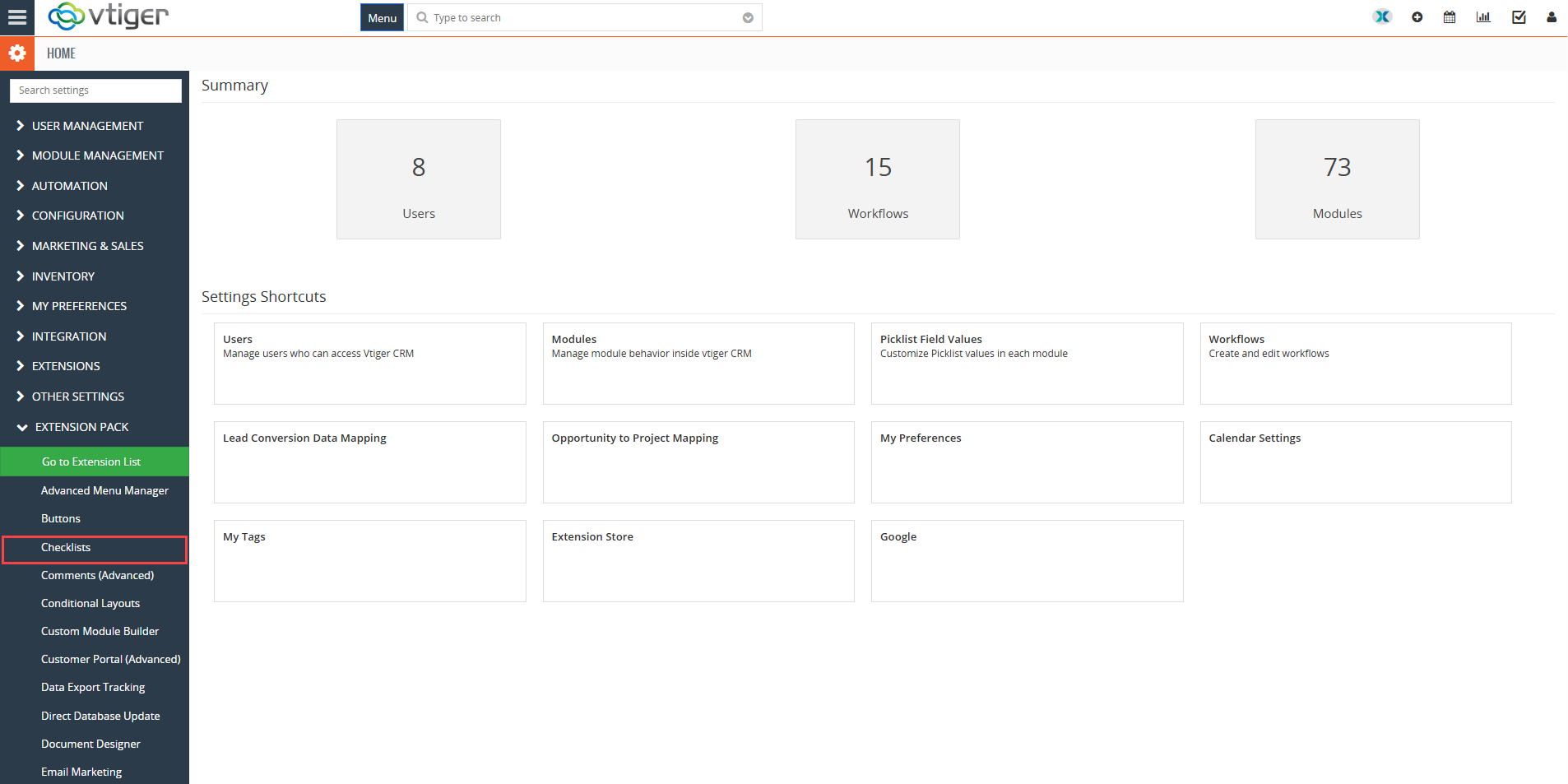 Vtiger Checklists by VTExperts role-based access control interface overview.