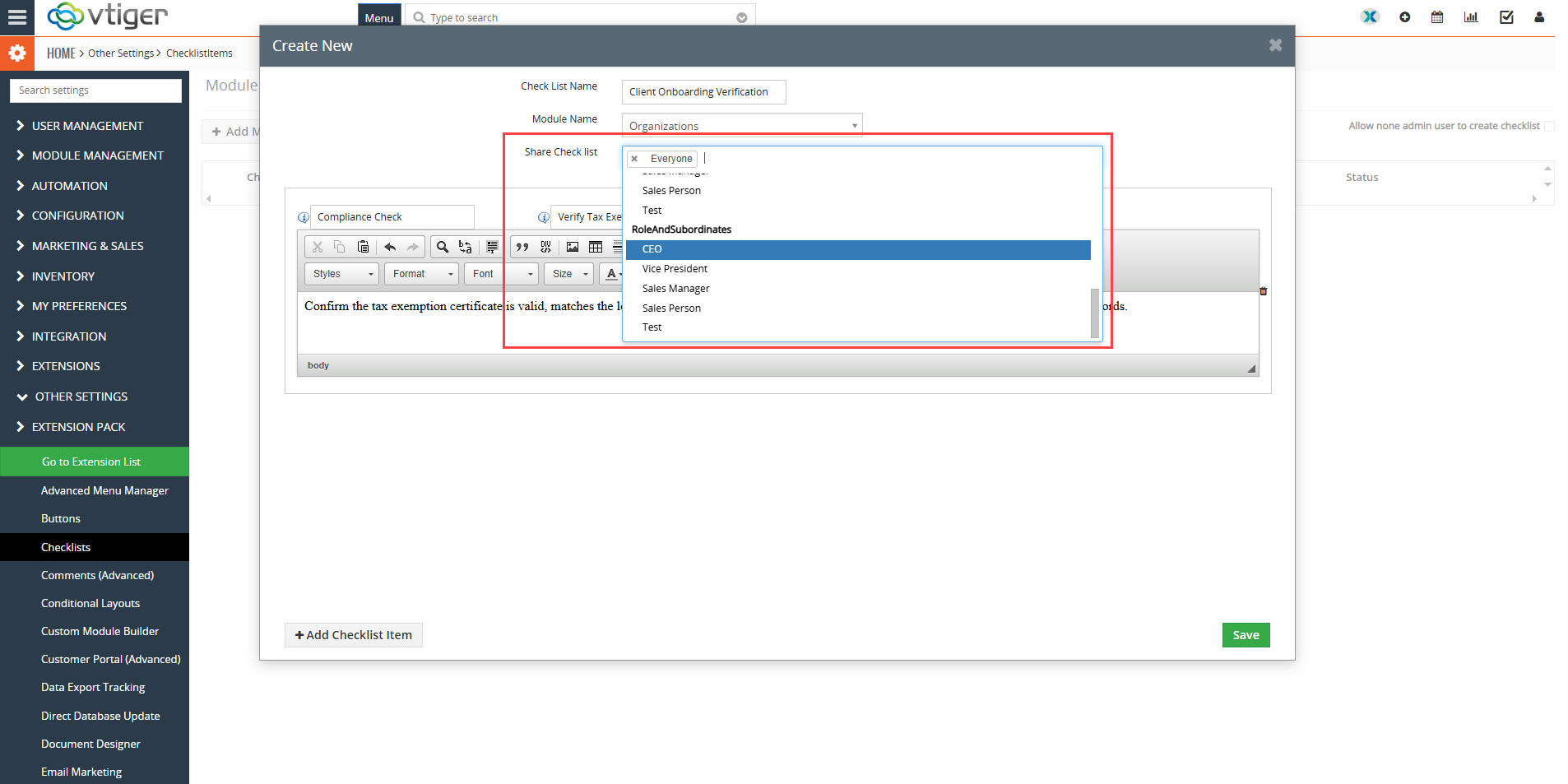 Vtiger Checklists by VTExperts Introduces Role-Based Sharing