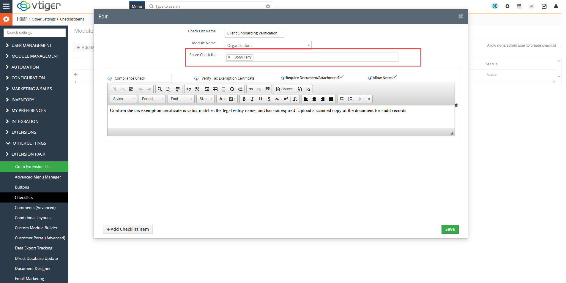 Vtiger Checklists by VTExperts role-based access control interface overview.