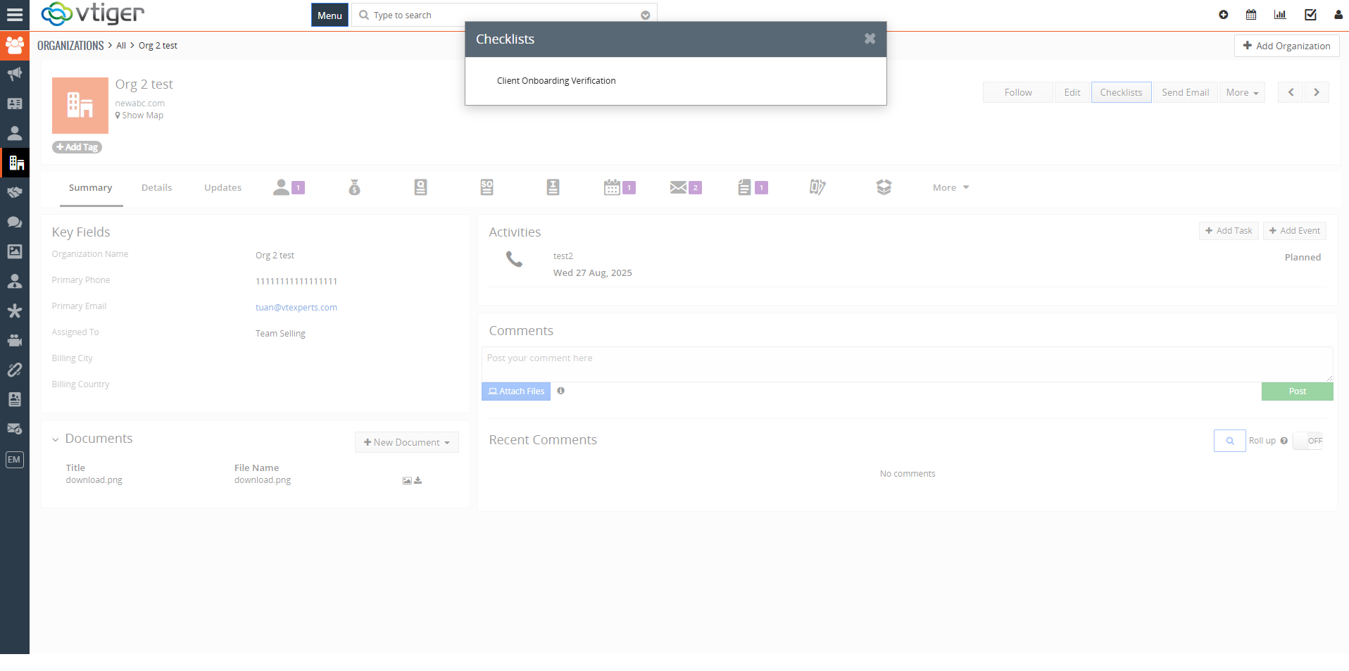 Vtiger Checklists by VTExperts role-based access control interface overview.